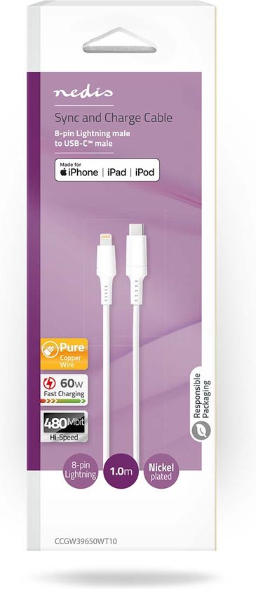 Nedis Lightning Kabel - USB 2.0 - Apple Lightning 8-Pins - USB-C Male - 480 Mbps - Vernikkeld - 1.00 m - Rond - PVC - Wit - Doos - afbeelding 4