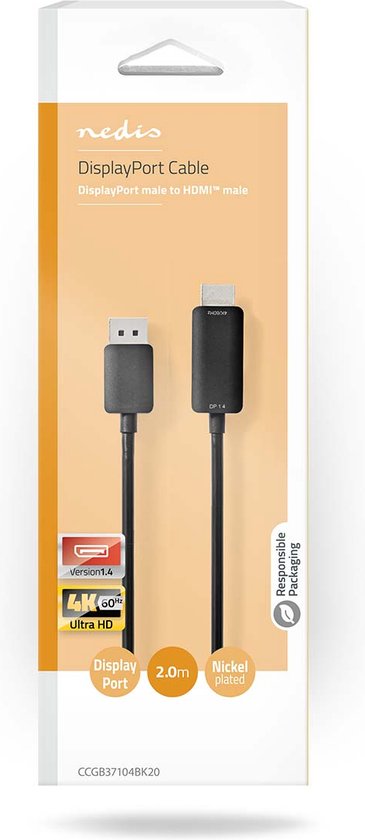 Nedis DisplayPort-Kabel - DisplayPort Male - HDMI Connector - 4K@60Hz - Vernikkeld - 2.00 m - Rond - PVC - Zwart - Doos - afbeelding 3