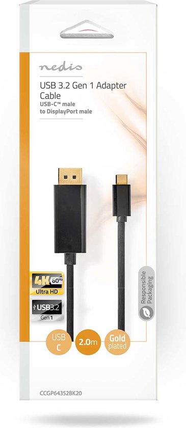 Nedis USB-C Adapter - USB 3.2 Gen 1 - USB-C Male - DisplayPort Male - 4K@60Hz - 2.00 m - Rond - Verguld - PVC - Zwart - Doos - afbeelding 4