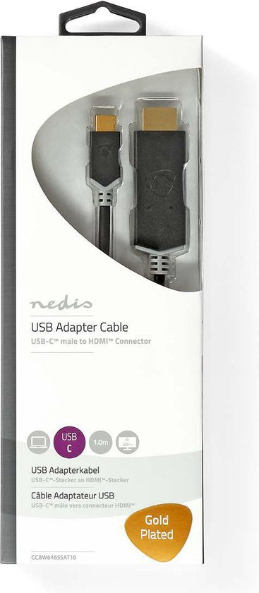Nedis USB-C Adapter - USB 3.2 Gen 1 - USB-C Male - HDMI Connector - 4K@60Hz - 1.00 m - Rond - Verguld - PVC - Antraciet - Doos - afbeelding 2