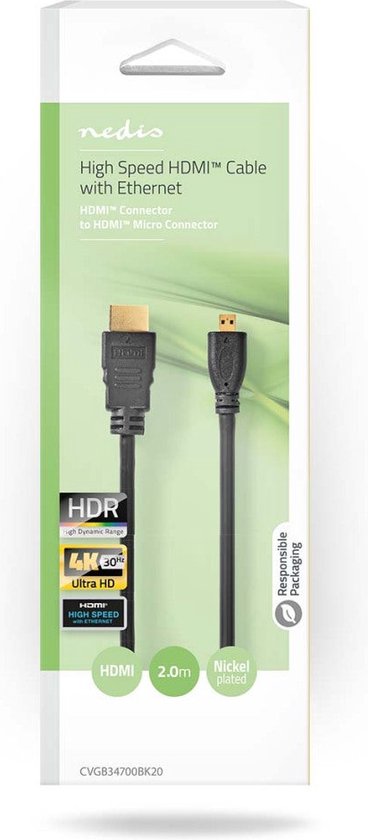 Nedis High Speed ​​HDMI-Kabel met Ethernet - HDMI Connector - HDMI Micro-Connector - 4K@30Hz - 10.2 Gbps - 2.00 m - Rond - PVC - Zwart - Doos - afbeelding 4