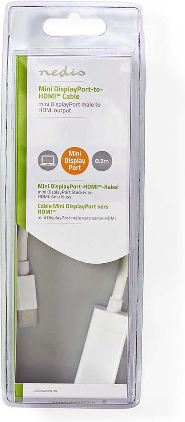 Nedis Mini DisplayPort-Kabel - DisplayPort 1.2 - Mini-DisplayPort Male - HDMI Output - 21.6 Gbps - Vernikkeld - 0.20 m - Rond - PVC - Wit - Doos - afbeelding 3