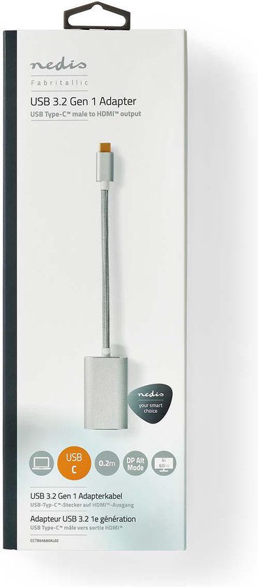 Nedis USB-C Adapter - USB 3.2 Gen 1 - USB-C Male - HDMI Output - 4K@60Hz - Power delivery - 0.20 m - Rond - Verguld - Gevlochten / Nylon - Zilver - Cover Window Box - afbeelding 7