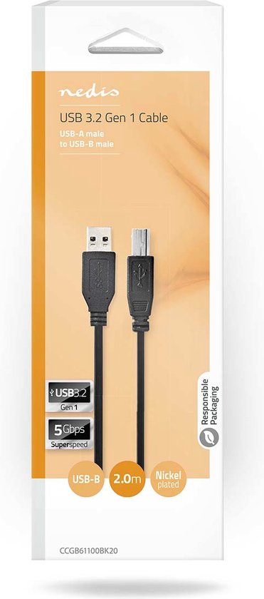 Nedis USB-Kabel - USB 3.2 Gen 1 - USB-A Male - USB-B Male - 5 Gbps - Vernikkeld - 2.00 m - Rond - PVC - Zwart - Doos - afbeelding 2