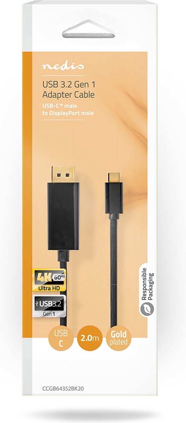 Nedis USB-C Adapter - USB 3.2 Gen 1 - USB-C Male - DisplayPort Male - 4K@60Hz - 2.00 m - Rond - Verguld - PVC - Zwart - Doos - afbeelding 5