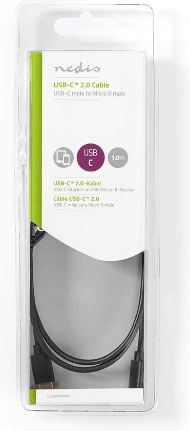 USB-Kabel - USB 2.0 - USB-C Male - USB Micro-B Male - 60 W - 480 Mbps - Vernikkeld - 1.00 m - Rond - PVC - Zwart - Blister - afbeelding 3