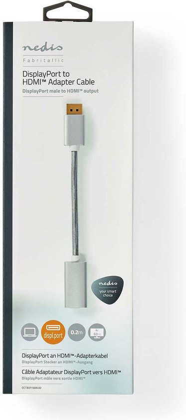 Nedis DisplayPort-Kabel - DisplayPort Male - HDMI Output - 4K@60Hz - Verguld - 0.20 m - Rond - Gevlochten - Zilver - Cover Window Box - afbeelding 4