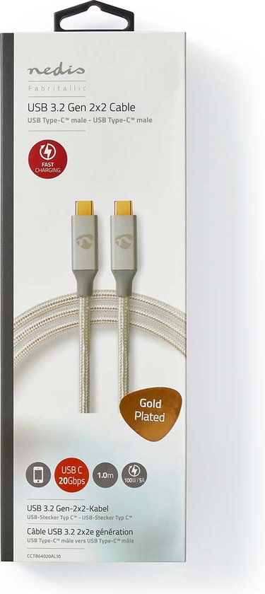 Nedis USB-Kabel - USB 3.2 Gen 2x2 - USB-C Male - USB-C Male - 100 W - 4K@60Hz - 20 Gbps - Verguld - 1.00 m - Rond - Gevlochten / Nylon - Zilver - Cover Window Box - afbeelding 2