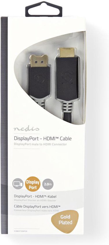 Nedis DisplayPort-Kabel - DisplayPort Male - HDMI Connector - 4K@30Hz - Verguld - 2.00 m - Rond - PVC - Antraciet - Doos - afbeelding 2