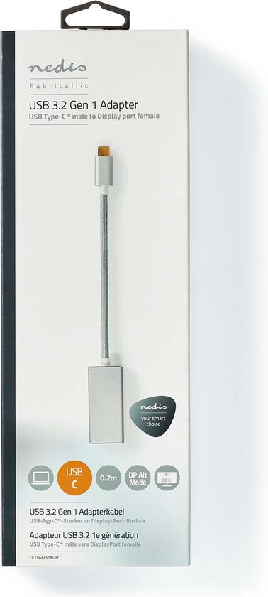 Nedis USB-C Adapter - USB 3.2 Gen 1 - USB-C Male - DisplayPort Female - 0.20 m - Rond - Verguld - Gevlochten / Nylon - Zilver - Cover Window Box - afbeelding 6