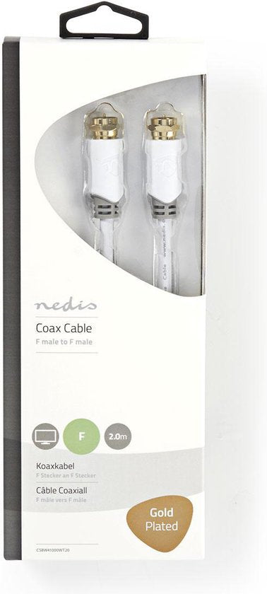 Nedis Satelliet- en Antennekabel - F-Male - F-Male - Verguld - 75 Ohm - Enkelvoudig Afgeschermd - 2.00 m - Rond - PVC - Wit - Doos - afbeelding 4