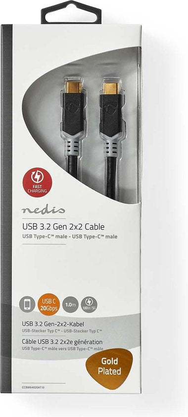 Nedis USB-Kabel - USB 3.2 Gen 2x2 - USB-C Male - USB-C Male - 100 W - 4K@60Hz - 20 Gbps - Verguld - 1.00 m - Rond - PVC - Antraciet - Window Box - afbeelding 3