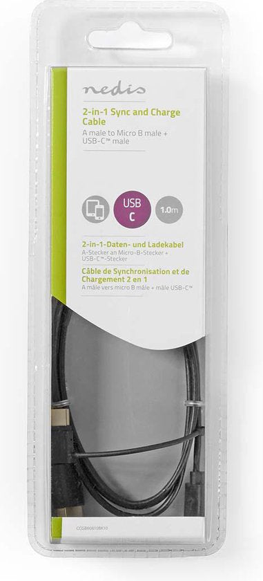 Nedis 2-in-1-Kabel - USB 2.0 - USB-A Male - USB Micro-B Male / USB-C Male - 480 Mbps - 1.00 m - Vernikkeld - Rond - PVC - Zwart - Blister - afbeelding 3