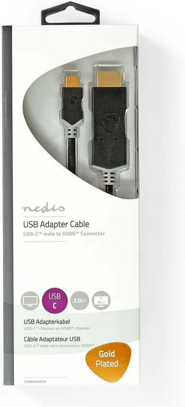 Nedis USB-C Adapter - USB 3.2 Gen 1 - USB-C Male - HDMI Connector - 4K@60Hz - 2.00 m - Rond - Verguld - PVC - Antraciet - Doos - afbeelding 3