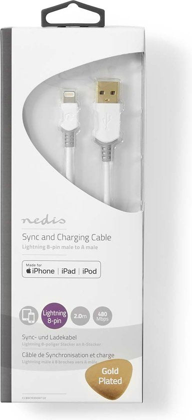Nedis Lightning Kabel - USB 2.0 - Apple Lightning 8-Pins - USB-A Male - 480 Mbps - Verguld - 2.00 m - Rond - PVC - Grijs / Wit - Doos - afbeelding 4