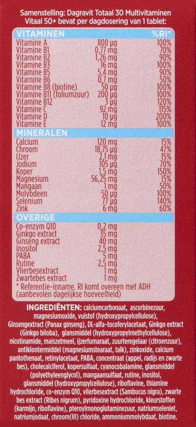 Dagravit Totaal 30 Vitaal 50+ Multivitaminen voordeelverpakking - Vitamine B1, B2, B3, B5, B6, B12 en koper dragen bij aan een goede energiehuishouding - 100 tabletten - afbeelding 12