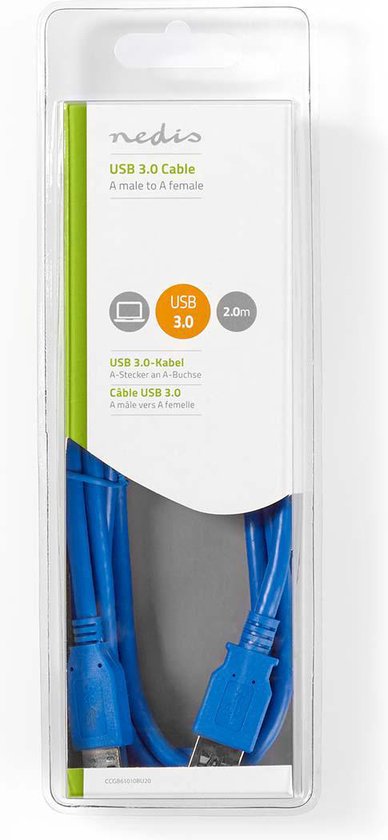 Nedis USB-Kabel - USB 3.2 Gen 1 - USB-A Male - USB-A Female - 5 Gbps - Vernikkeld - 2.00 m - Rond - PVC - Blauw - Doos - afbeelding 2