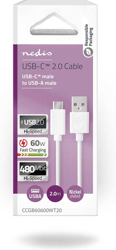 USB-Kabel - USB 2.0 - USB-A Male - USB-C Male - W - 480 Mbps - Vernikkeld - m - Rond - PVC - afbeelding 34