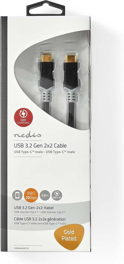 Nedis USB-Kabel - USB 3.2 Gen 2x2 - USB-C Male - USB-C Male - 100 W - 4K@60Hz - 20 Gbps - Verguld - 2.00 m - Rond - PVC - Antraciet - Doos - afbeelding 4