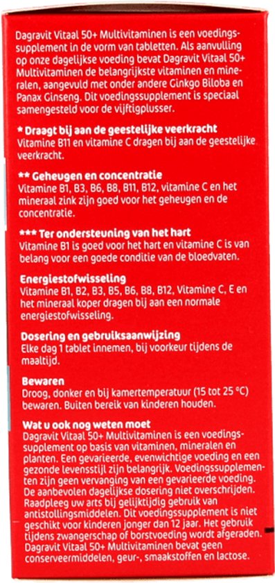 Dagravit Totaal 30 Vitaal 50+ Multivitaminen voordeelverpakking - Vitamine B1, B2, B3, B5, B6, B12 en koper dragen bij aan een goede energiehuishouding - 100 tabletten - afbeelding 23