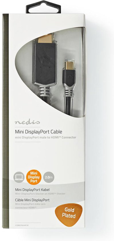 Nedis Mini DisplayPort-Kabel - DisplayPort 1.4 - Mini-DisplayPort Male - HDMI Connector - 48 Gbps - Verguld - 2.00 m - Rond - PVC - Antraciet - Window Box - afbeelding 4