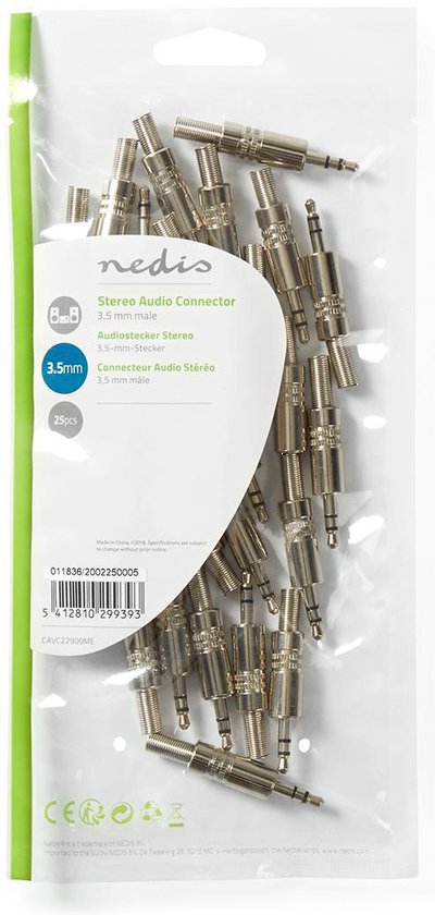 Nedis 3,5 mm Audioconnector - Recht - Male - Vernikkeld - Solderen - Diameter kabelinvoer: 3.8 mm - Metaal - Zilver - 25 Stuks - Polybag - afbeelding 3