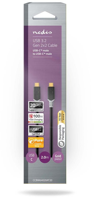 Nedis USB-Kabel - USB 3.2 Gen 2x2 - USB-C Male - USB-C Male - 100 W - 4K@60Hz - 20 Gbps - Verguld - 2.00 m - Rond - PVC - Antraciet - Doos - afbeelding 2