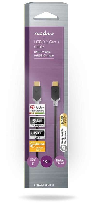 Nedis USB-C naar USB-C kabel - tot 20V/3A / zwart - 1 meter - afbeelding 10