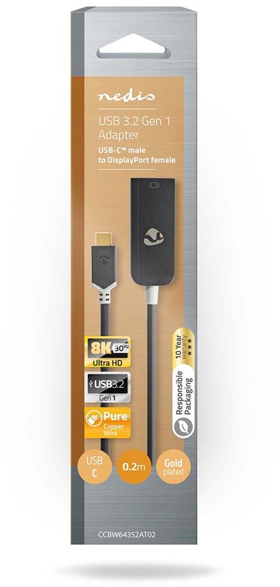 Nedis USB-C Adapter - USB 3.2 Gen 1 - USB-C Male - DisplayPort Female - 8K@30Hz - 0.20 m - Rond - Verguld - PVC - Antraciet - Doos - afbeelding 2