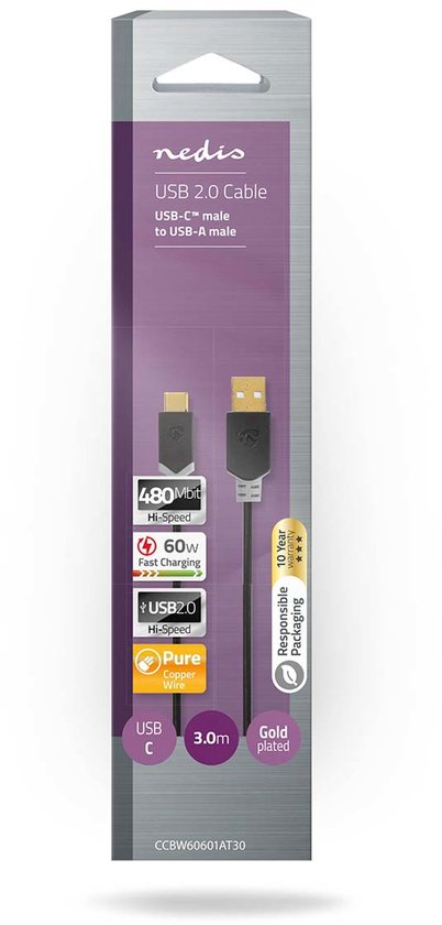 Kabel USB 2.0 | Type-C male - A male | 1,0 m | Antraciet - afbeelding 2