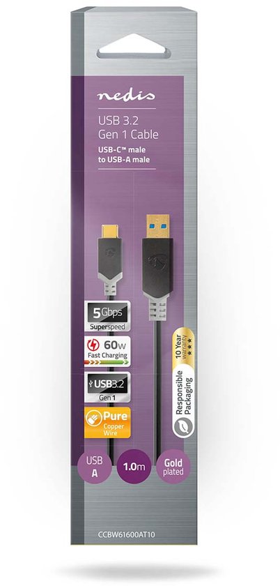 Nedis USB-Kabel - USB 3.2 Gen 1 - USB-A Male - USB-C Male - 60 W - 5 Gbps - Verguld - 1.00 m - Rond - PVC - Antraciet - Doos - afbeelding 3