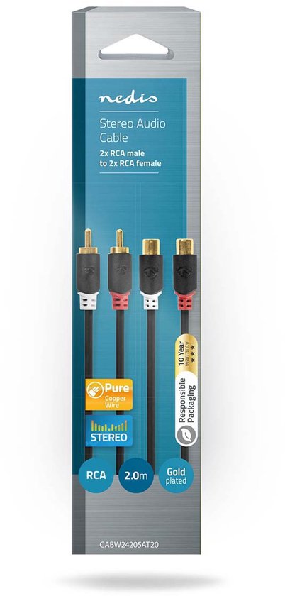 Nedis Stereo-Audiokabel - 2x RCA Male - 2x RCA Female - Verguld - 2.00 m - Rond - Antraciet - Doos - afbeelding 2