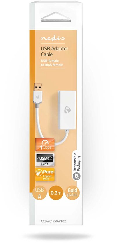 Nedis USB-netwerkadapter - USB 3.2 Gen 1 - 1 Gbps - USB-A Male - RJ45 Female - 0.20 m - Rond - Verguld - Koper - Wit - Doos - afbeelding 2