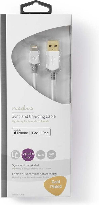 Nedis Lightning Kabel - USB 2.0 - Apple Lightning 8-Pins - USB-A Male - 480 Mbps - Verguld - 1.00 m - Rond - PVC - Grijs / Wit - Doos - afbeelding 4