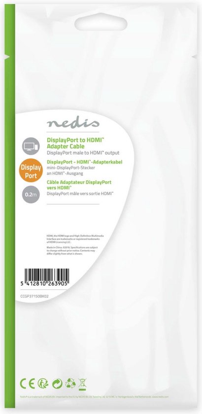 Nedis DisplayPort-Kabel - DisplayPort Male - HDMI Output - 1080p - Vernikkeld - 0.20 m - Rond - PVC - Zwart - Envelop - afbeelding 4