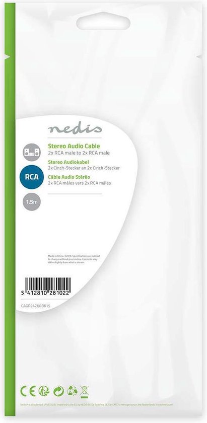 Nedis Stereo-Audiokabel - 2x RCA Male - 2x RCA Male - Vernikkeld - m - Rond - Zwart - afbeelding 21