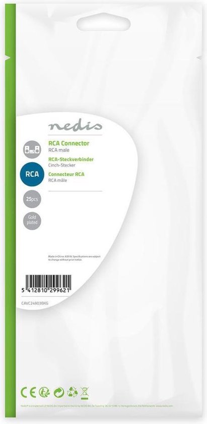 Nedis RCA-Connector - Recht - Male - Verguld - Soldeer - Diameter kabelinvoer: 7.0 mm - Metaal - Goud / Zwart - 25 Stuks - Polybag - afbeelding 8