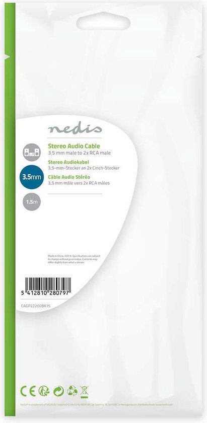 Nedis Stereo-Audiokabel - 3,5 Male - 2x RCA Male - Vernikkeld - m - Rond - Zwart - Label - afbeelding 41