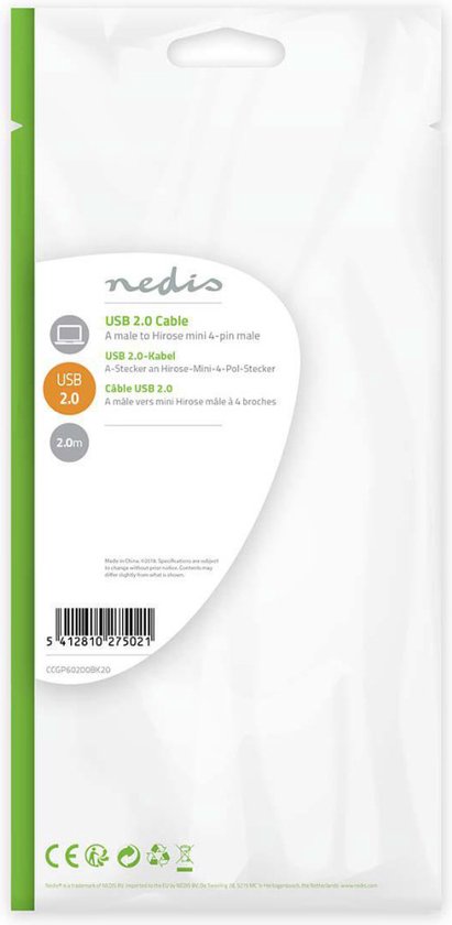 Nedis USB-Kabel - USB 2.0 - USB-A Male - Mini 4-Pin Male - 480 Mbps - Vernikkeld - 2.00 m - Rond - PVC - Zwart - Polybag - afbeelding 4