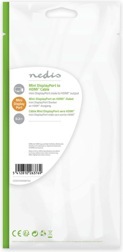 Nedis Mini DisplayPort-Kabel - DisplayPort 1.2 - Mini-DisplayPort Male - HDMI Output - 21.6 Gbps - Vernikkeld - 0.20 m - Rond - PVC - Wit - Polybag - afbeelding 6