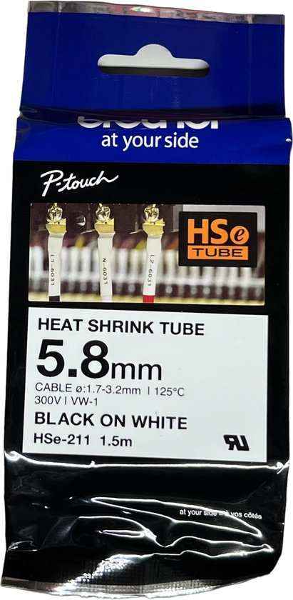 Labeltape krimpkous Brother Hse HSe-211 Tapekleur: Wit Tekstkleur:Zwart 5.8 mm 1.5 m - afbeelding 1