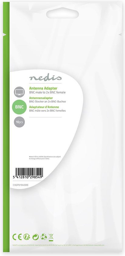 Nedis BNC-Adapter - BNC Male - 2x BNC Female - Vernikkeld - 50 Ohm - T-Splitter - Metaal - Zilver - 10 Stuks - Polybag - afbeelding 5