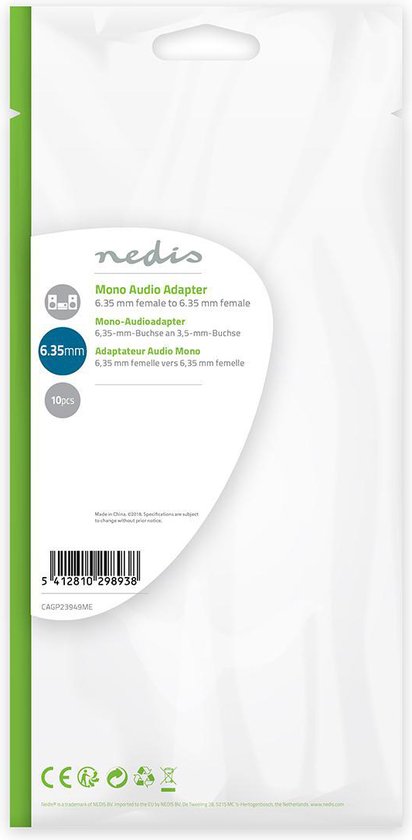 Nedis Mono-Audioadapter - 6,35 mm Female - 6,35 mm Female - Vernikkeld - Recht - Metaal - Zilver - 10 Stuks - Polybag - afbeelding 4