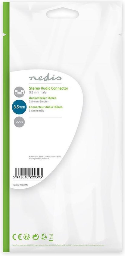 Nedis 3,5 mm Audioconnector - Recht - Male - Vernikkeld - Solderen - Diameter kabelinvoer: 3.8 mm - Metaal - Zilver - 25 Stuks - Polybag - afbeelding 7