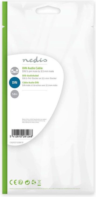 Nedis DIN-Audiokabel - DIN 5-Pins Male - 3,5 mm Male - Vernikkeld - 1.00 m - Rond - PVC - Zwart - Envelop - afbeelding 10