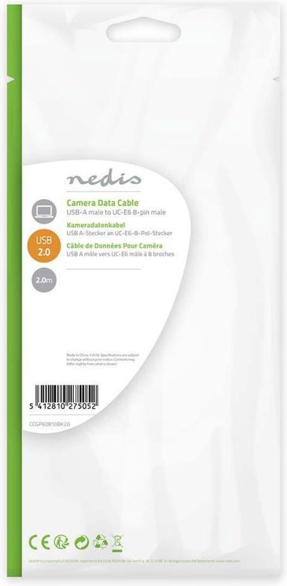 Nedis USB-Kabel - USB 2.0 - USB-A Male - US-E6 8-pins Male - 480 Mbps - Vernikkeld - 2.00 m - Rond - PVC - Zwart - Envelop - afbeelding 4