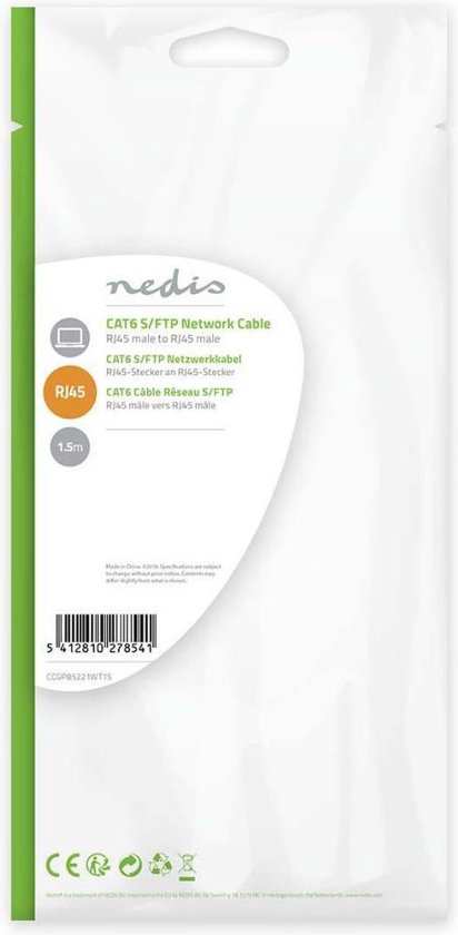 CAT6 Netwerkkabel - RJ45 Male - RJ45 Male - S/FTP - 1.50 m - Rond - LSZH - Wit - Envelop - afbeelding 9