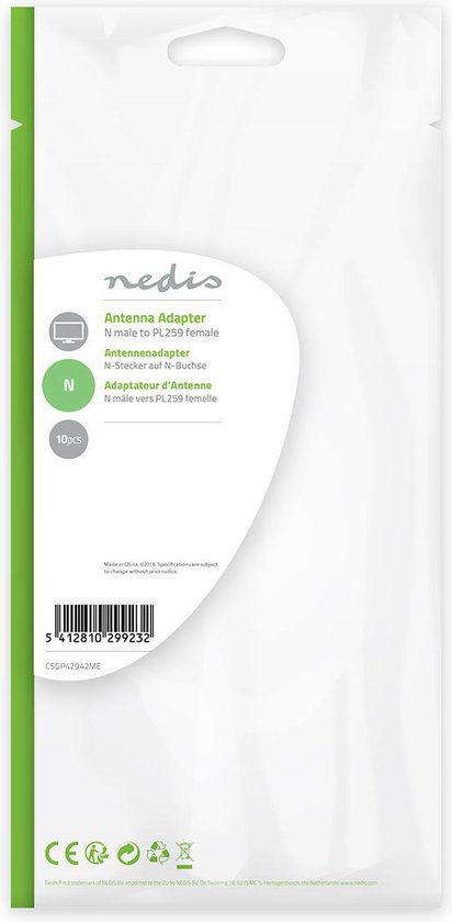 Nedis Satelliet- en Antenne-Adapter - N-Male - PL259 Female - Vernikkeld - 75 Ohm - Recht - Metaal - Zilver - 10 Stuks - Envelop - afbeelding 9