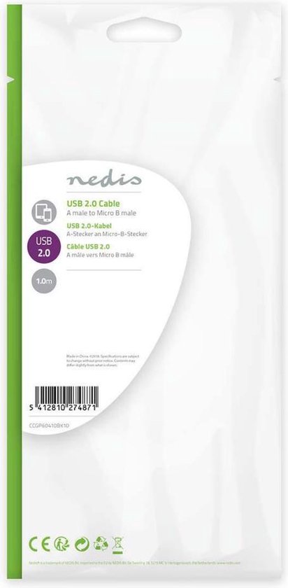 Nedis USB-Kabel - USB 2.0 - USB-A Male - USB Micro-B Male - 480 Mbps - Vernikkeld - 1.00 m - Plat - PVC - Zwart - Envelop - afbeelding 2