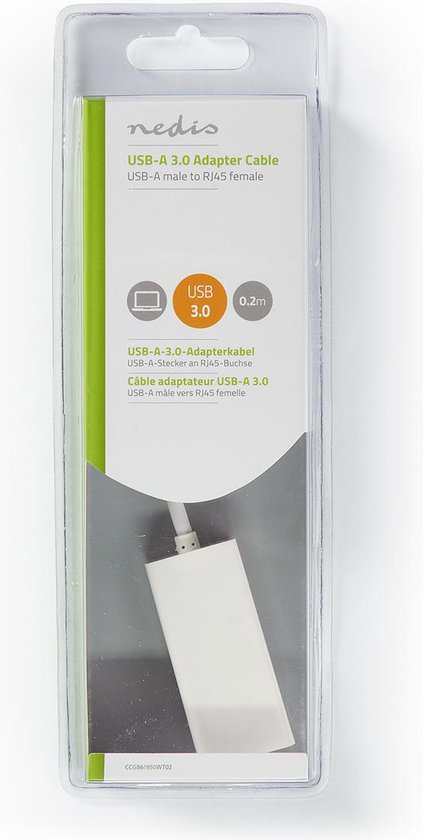 Nedis USB-netwerkadapter - USB 3.2 Gen 1 - 1 Gbps - USB-A Male - RJ45 Female - 0.20 m - Rond - Vernikkeld - Koper - Wit - Doos - afbeelding 5